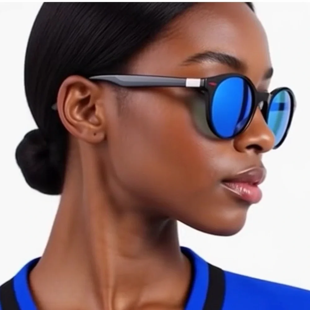 Stylish Round Sunglasses Blue Mirrored Lenses Black Frame Women's‎ Polarized New